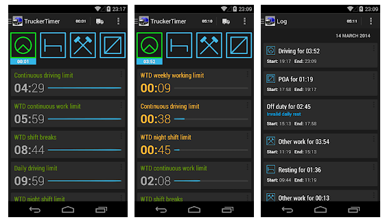 Screenshot of the trucker timer app on Android